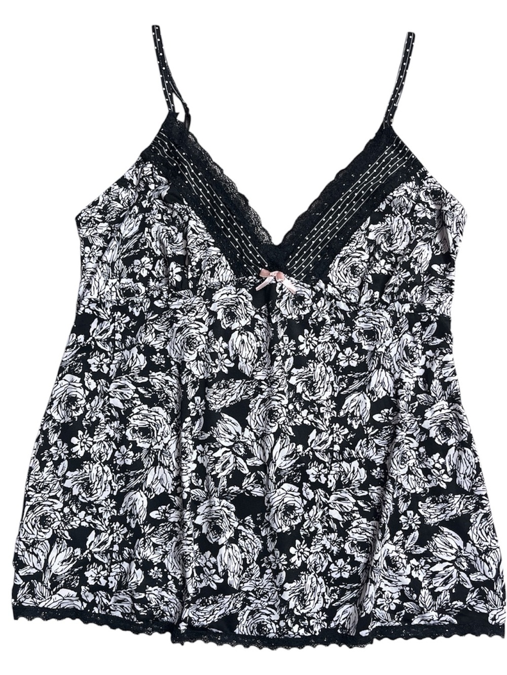 Vintage Y2K Floral Print Lace Trim Pink Bow Cami Slip Top